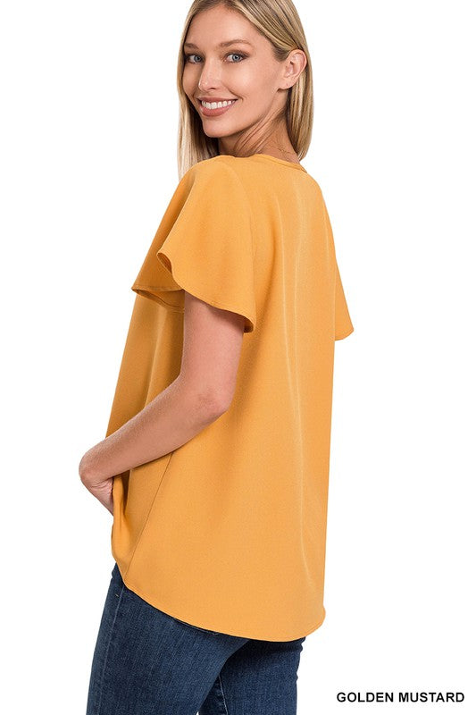 Woven Flutter Sleeve V-Neck Top - U Moody