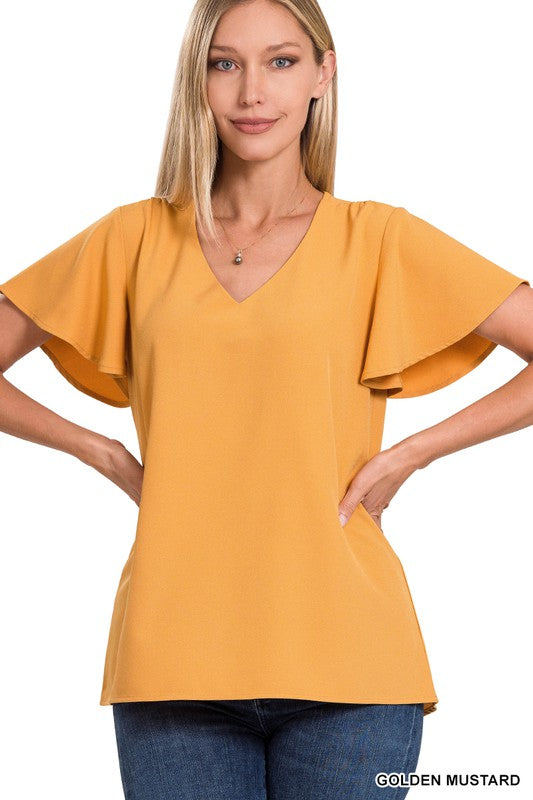 Woven Flutter Sleeve V-Neck Top - U Moody