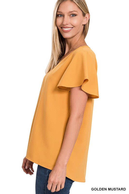 Woven Flutter Sleeve V-Neck Top - U Moody