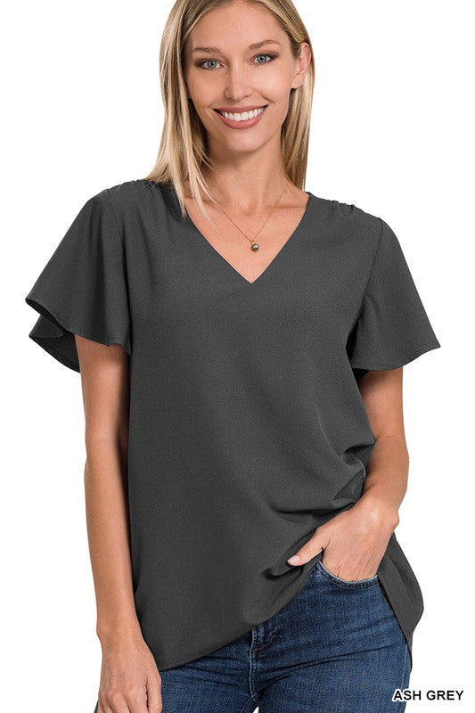 Woven Flutter Sleeve V-Neck Top - U Moody