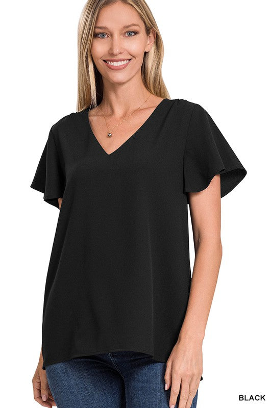 Woven Flutter Sleeve V-Neck Top - U Moody