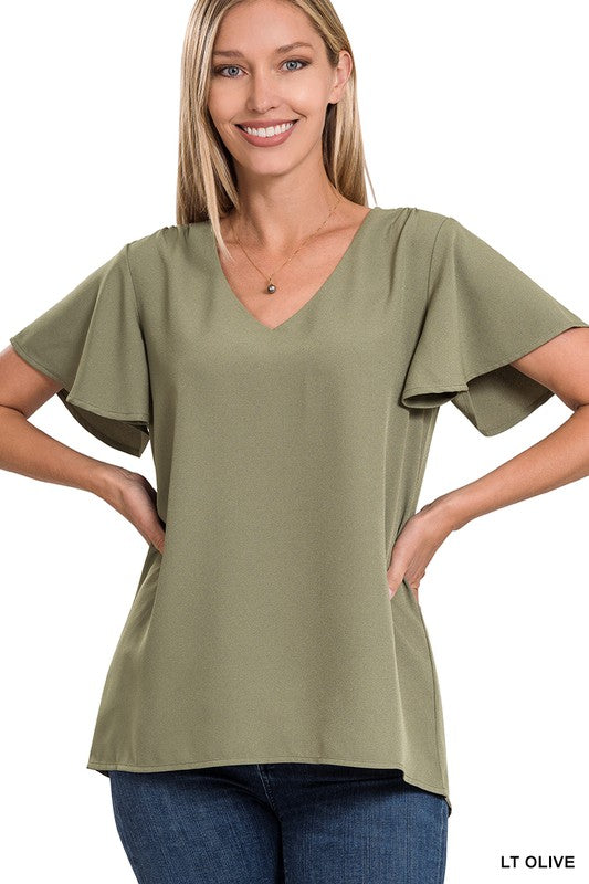 Woven Flutter Sleeve V-Neck Top - U Moody