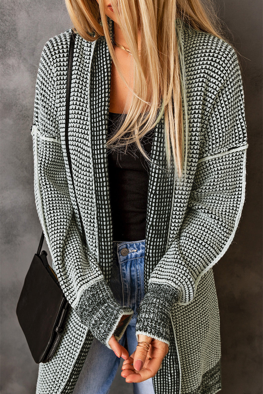 Gray Plaid Knitted Long Open Front Cardigan - U Moody