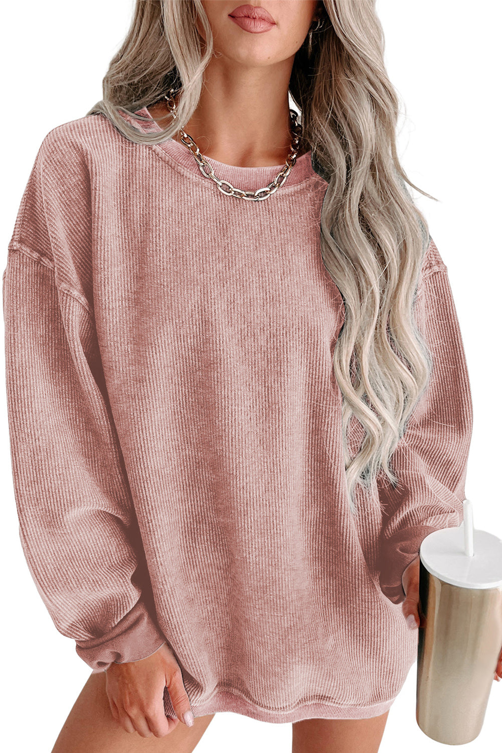 Pink Solid Ribbed Knit Round Neck Pullover Sweatshirt - U Moody