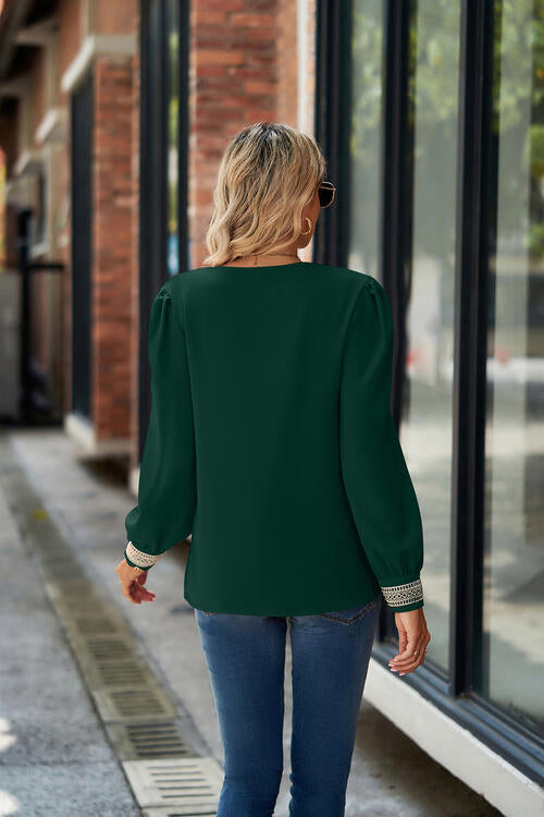 V-Neck Lace Detail Long Sleeve Top - U Moody
