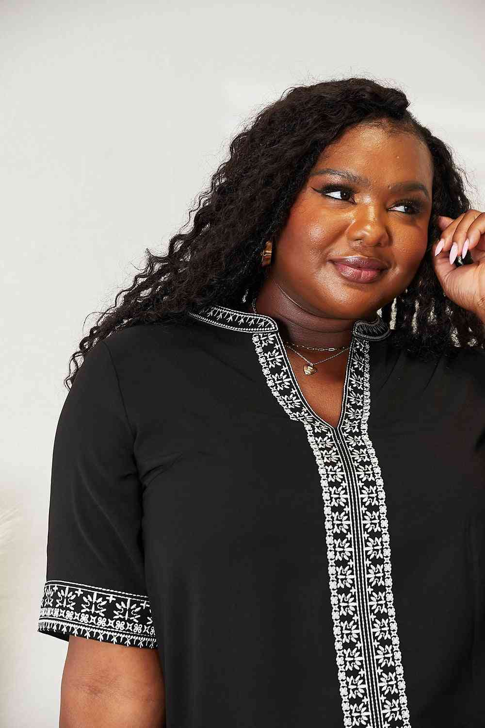 Double Take Embroidered Notched Neck Top - U Moody