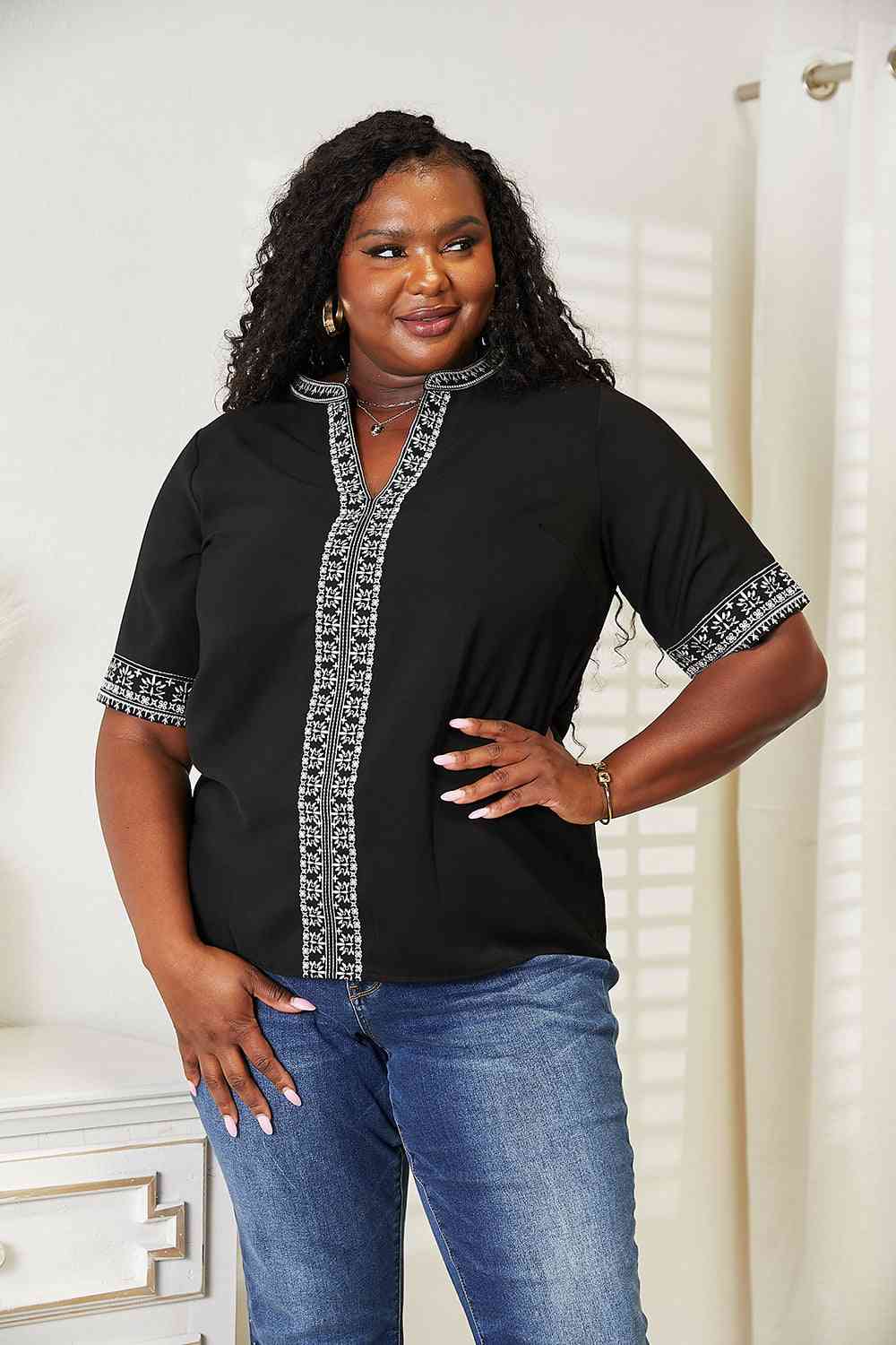 Double Take Embroidered Notched Neck Top - U Moody
