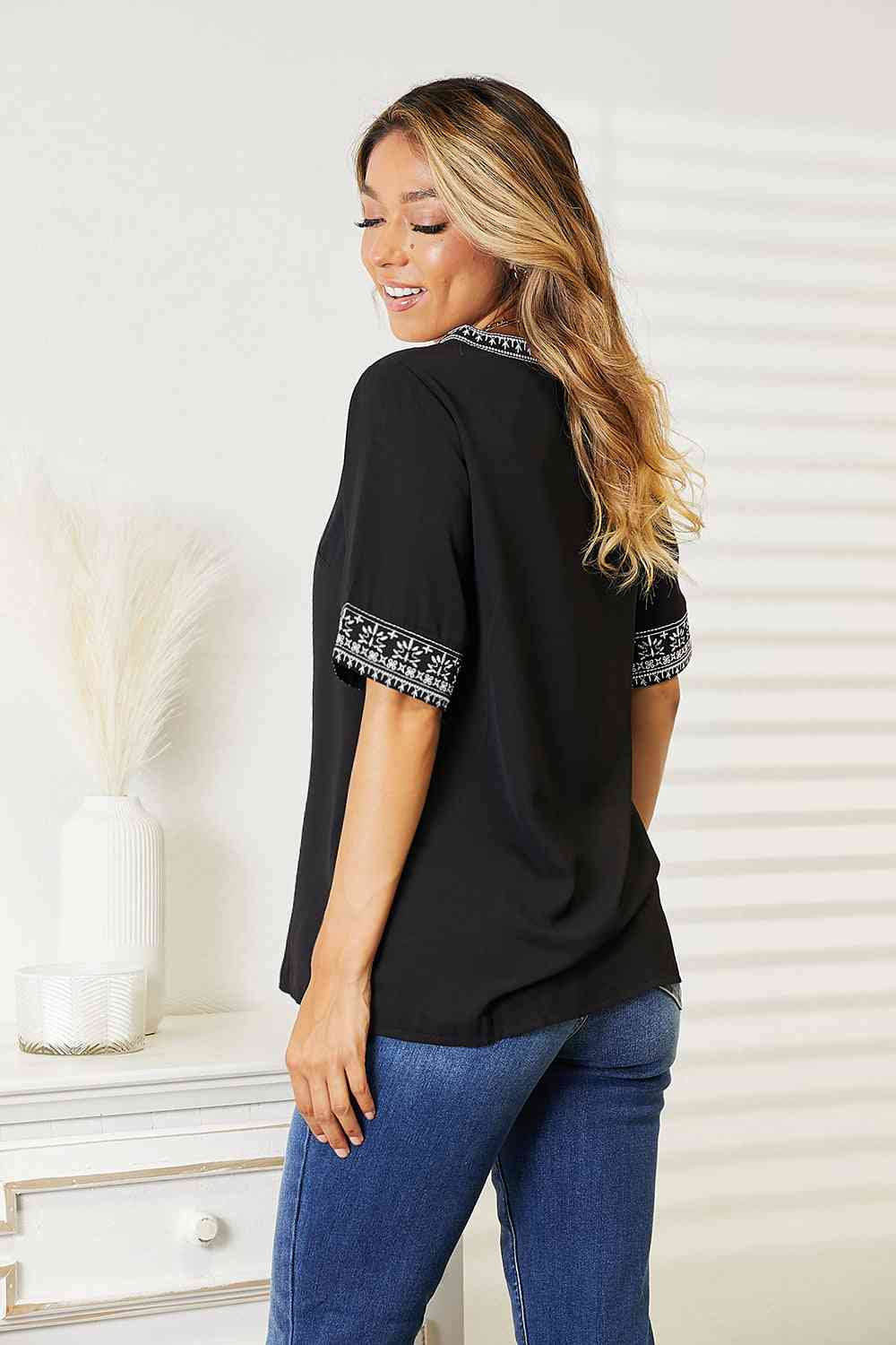 Double Take Embroidered Notched Neck Top - U Moody