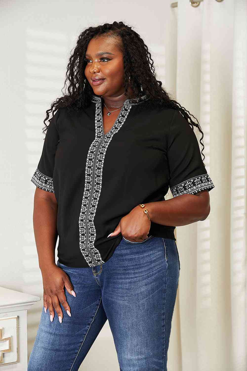 Double Take Embroidered Notched Neck Top - U Moody