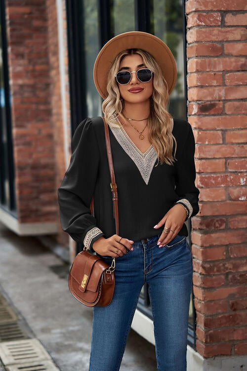 V-Neck Lace Detail Long Sleeve Top - U Moody