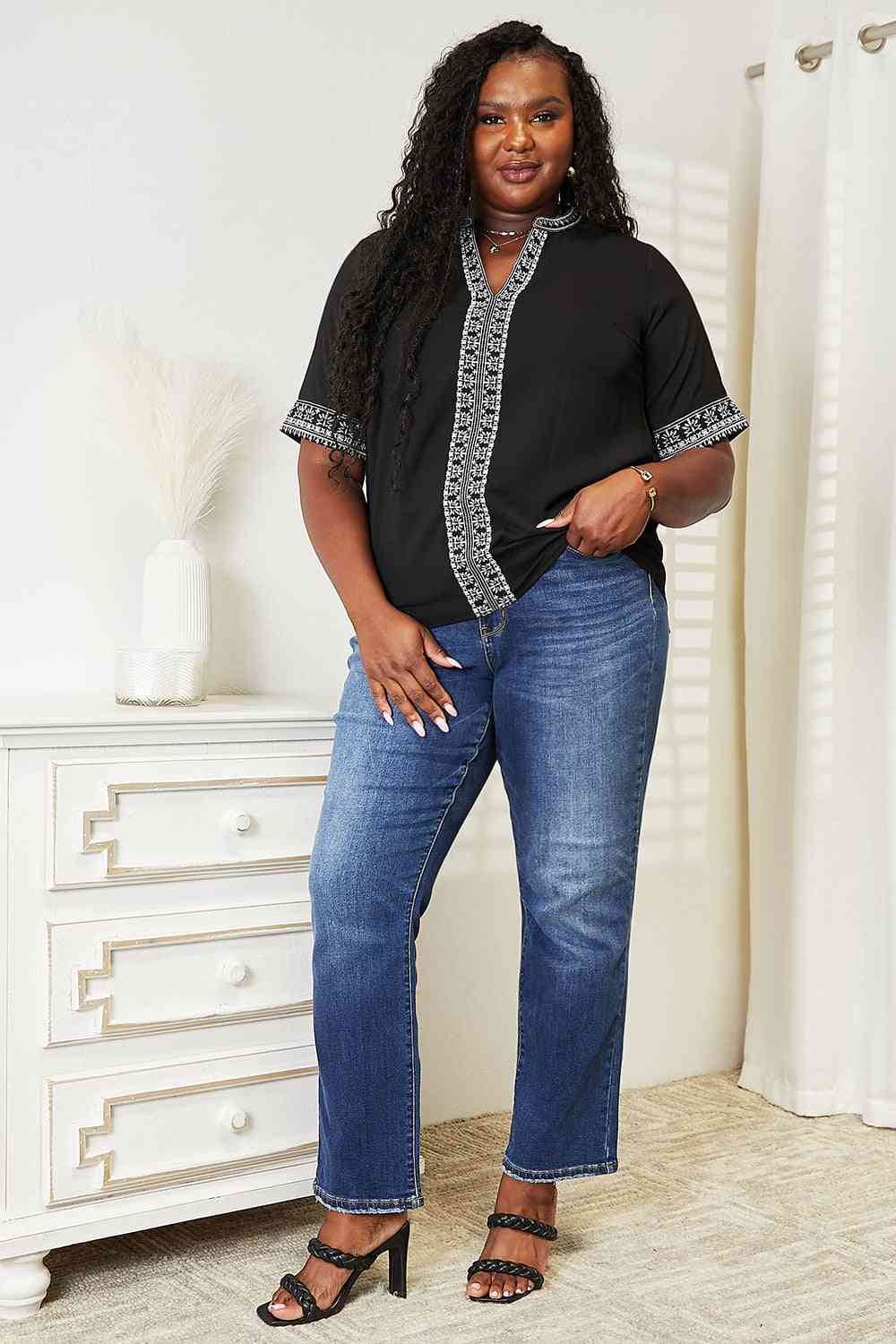Double Take Embroidered Notched Neck Top - U Moody