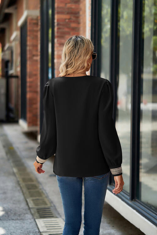 V-Neck Lace Detail Long Sleeve Top - U Moody