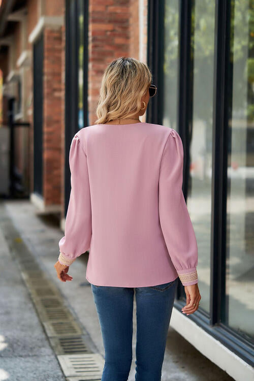 V-Neck Lace Detail Long Sleeve Top - U Moody