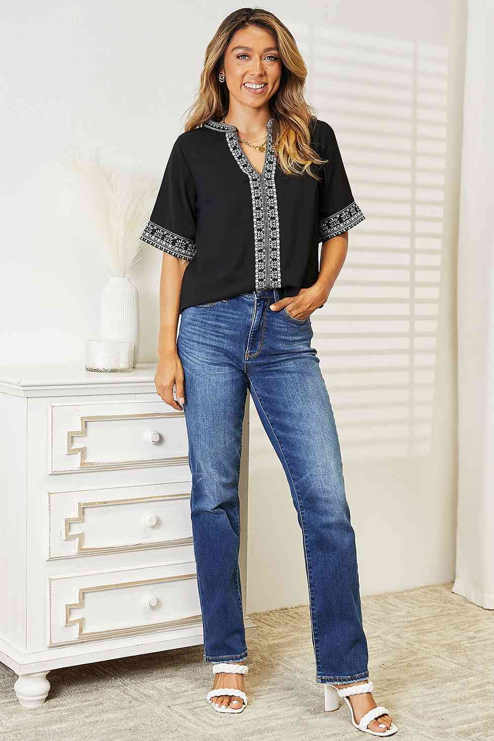 Double Take Embroidered Notched Neck Top - U Moody