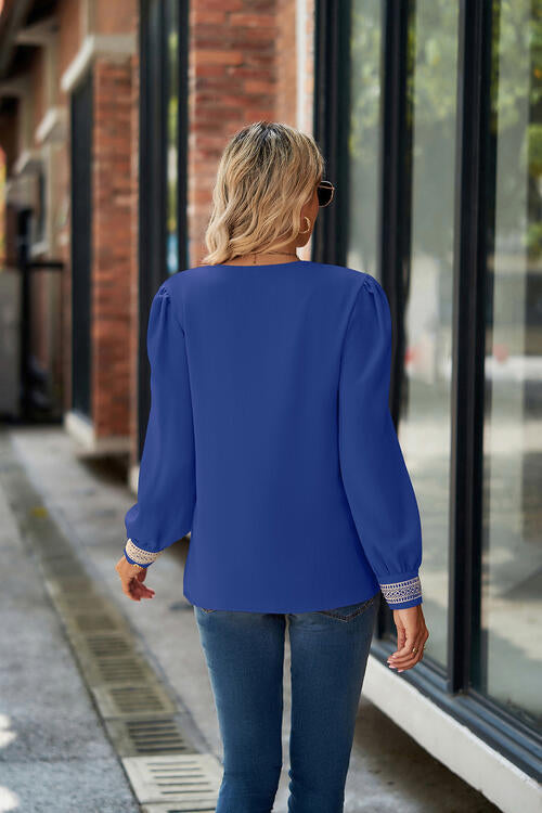 V-Neck Lace Detail Long Sleeve Top - U Moody