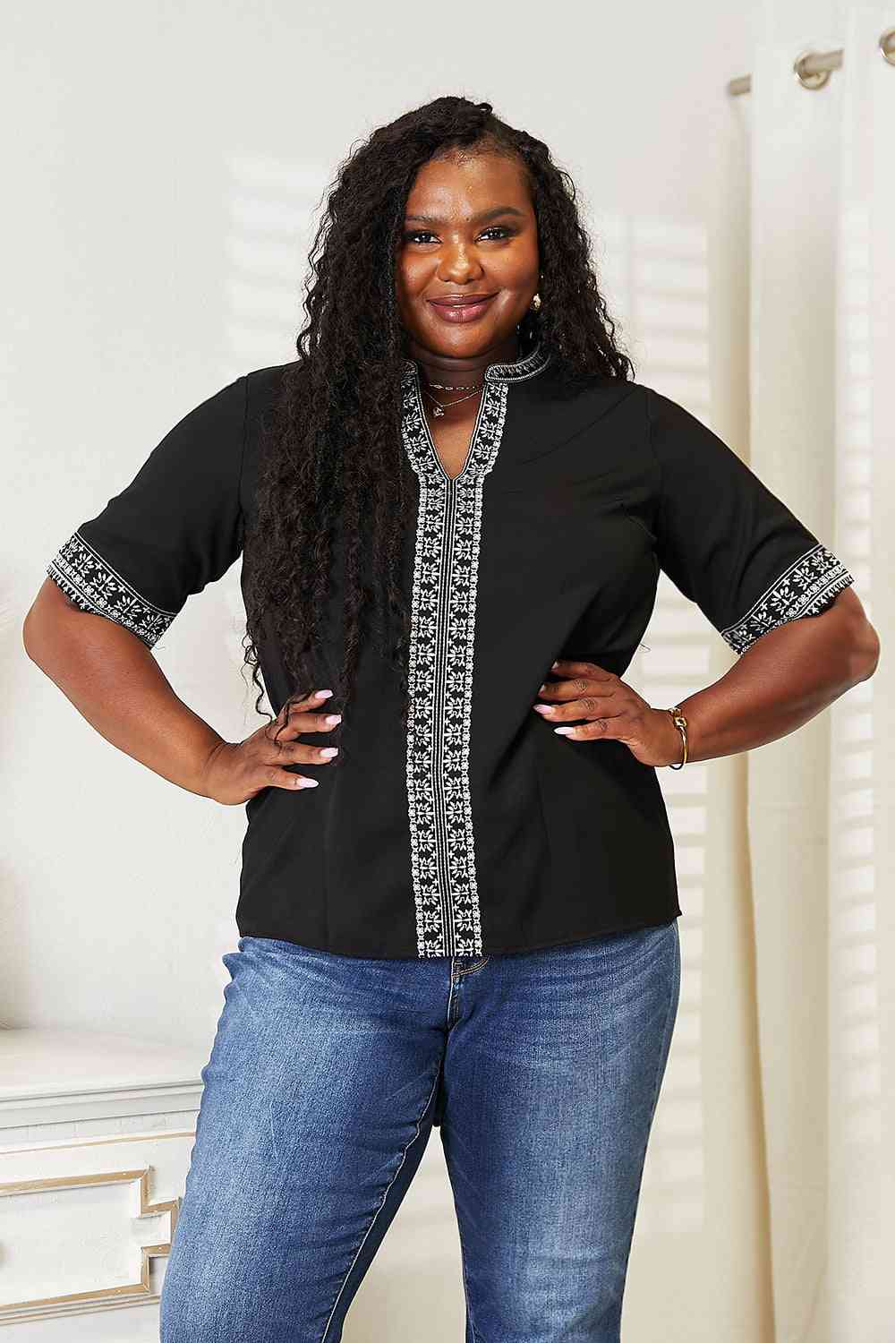 Double Take Embroidered Notched Neck Top - U Moody