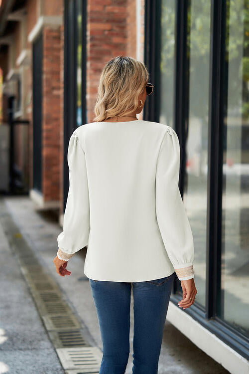 V-Neck Lace Detail Long Sleeve Top - U Moody