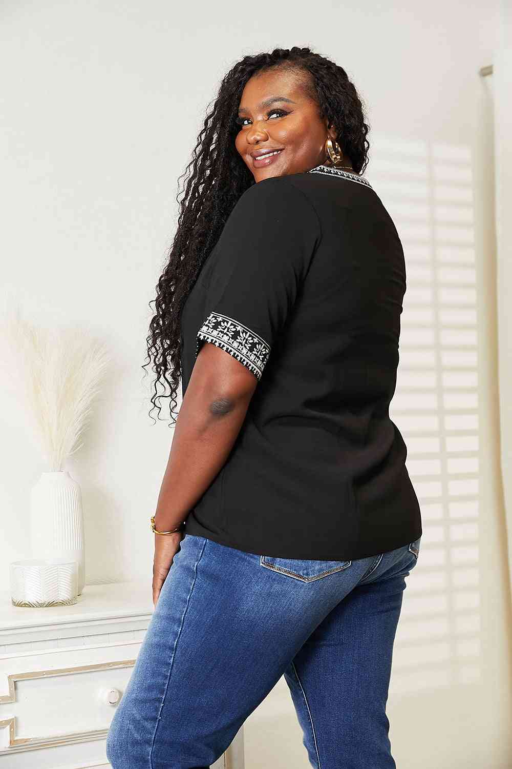 Double Take Embroidered Notched Neck Top - U Moody