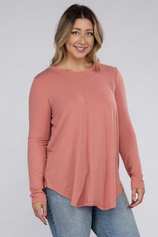 Plus Long Sleeve Round Neck Round Hem Top - U Moody