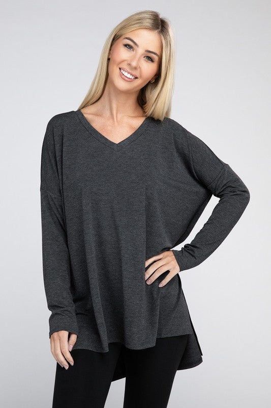 Dolman Long Sleeve V-Neck Side Slit Hi-Low Hem Top - U Moody