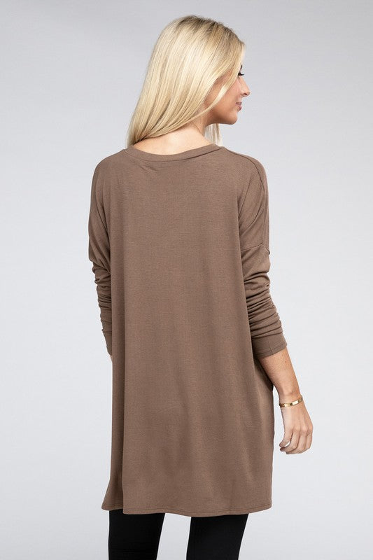 Dolman Long Sleeve V-Neck Side Slit Hi-Low Hem Top - U Moody