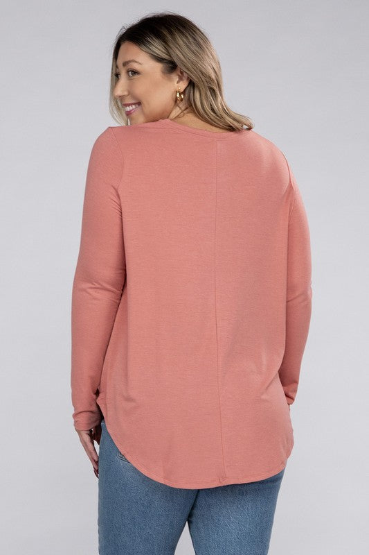 Plus Long Sleeve Round Neck Round Hem Top - U Moody