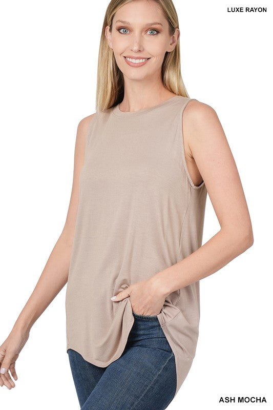 Luxe Rayon Sleeveless Round Neck Hi-Low Hem Top - U Moody