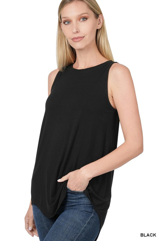 Luxe Rayon Sleeveless Round Neck Hi-Low Hem Top - U Moody