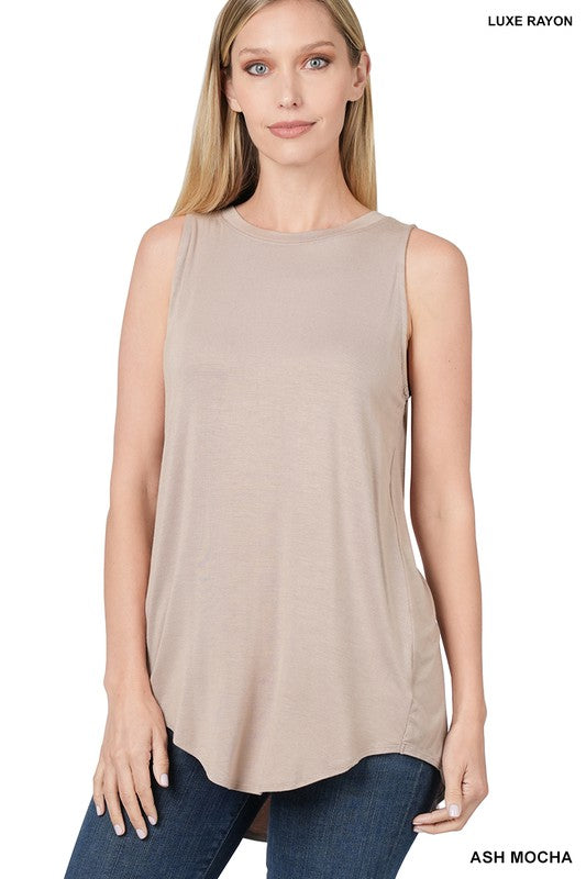 Luxe Rayon Sleeveless Round Neck Hi-Low Hem Top - U Moody