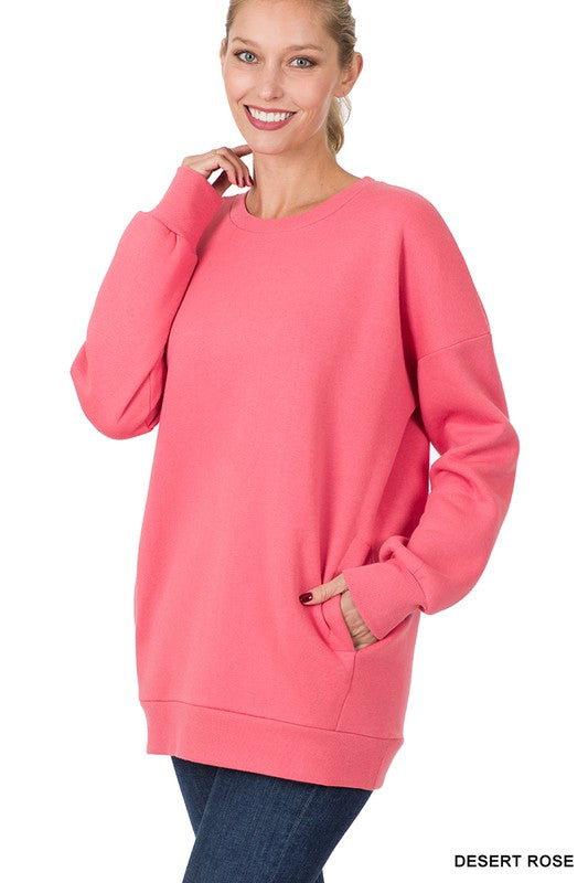 Long Sleeve Round Neck Sweatshirt Side Pockets - U Moody