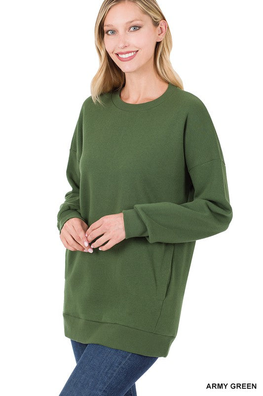 Long Sleeve Round Neck Sweatshirt Side Pockets - U Moody