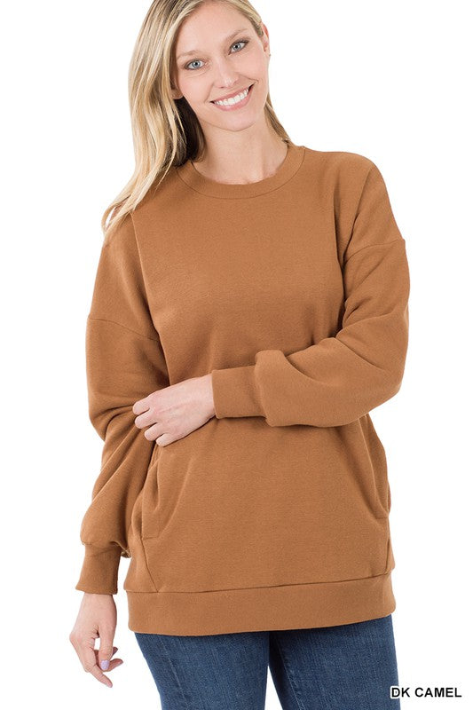 Long Sleeve Round Neck Sweatshirt Side Pockets - U Moody