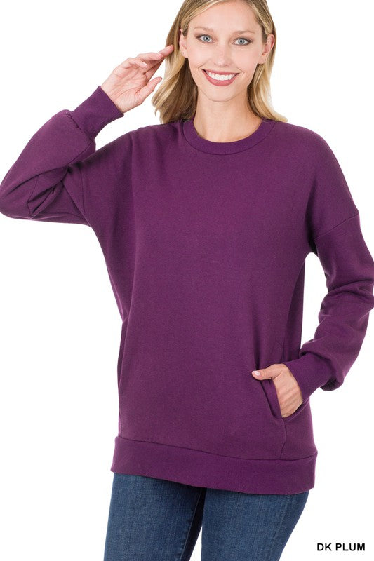 Long Sleeve Round Neck Sweatshirt Side Pockets - U Moody