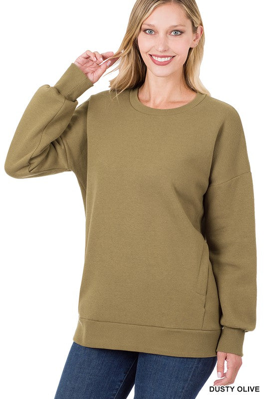 Long Sleeve Round Neck Sweatshirt Side Pockets - U Moody