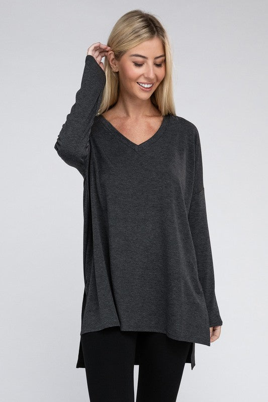 Dolman Long Sleeve V-Neck Side Slit Hi-Low Hem Top - U Moody