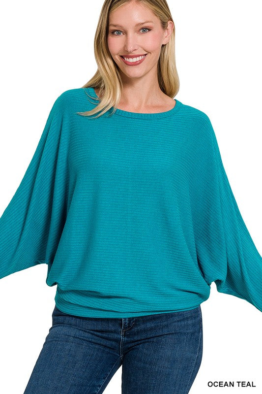 Ribbed Batwing Long Sleeve Boat Neck Sweater - U Moody