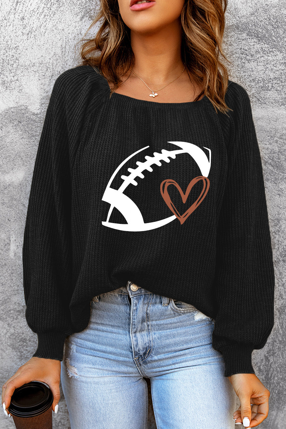 Black Rugby Print Square Neck Puff Sleeve Waffle Top