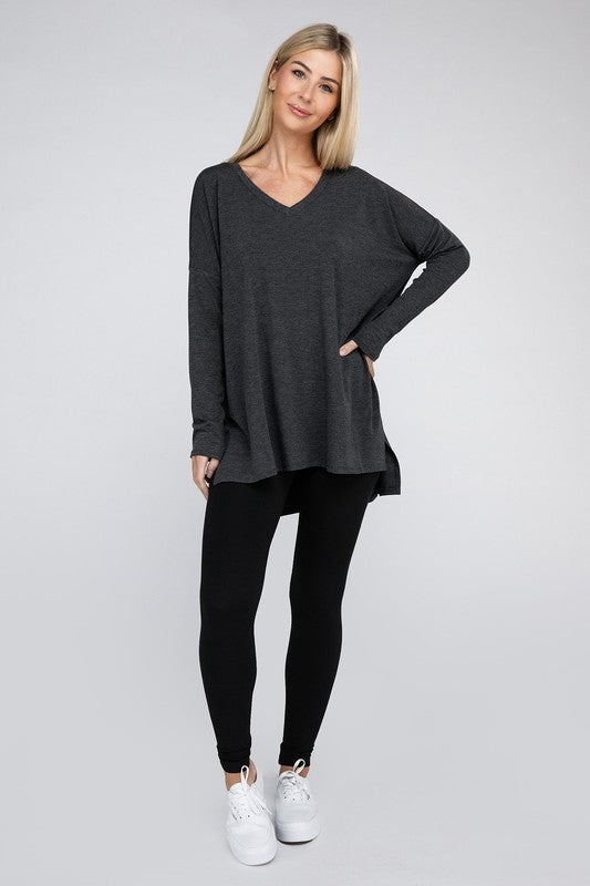 Dolman Long Sleeve V-Neck Side Slit Hi-Low Hem Top - U Moody