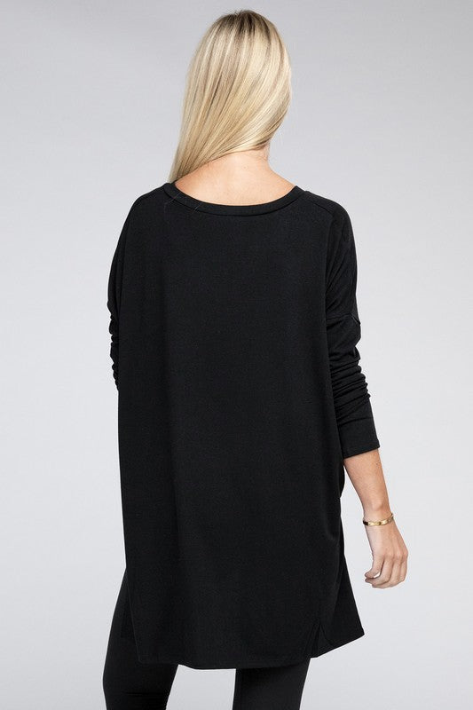 Dolman Long Sleeve V-Neck Side Slit Hi-Low Hem Top - U Moody