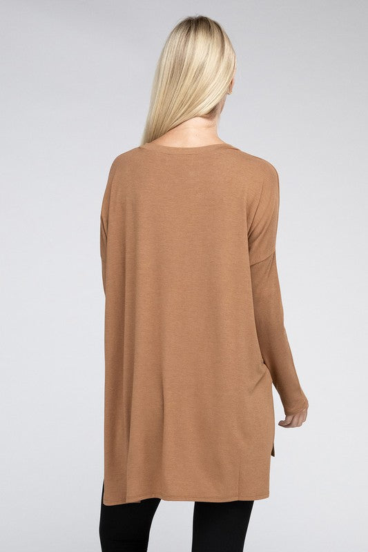 Dolman Long Sleeve V-Neck Side Slit Hi-Low Hem Top - U Moody