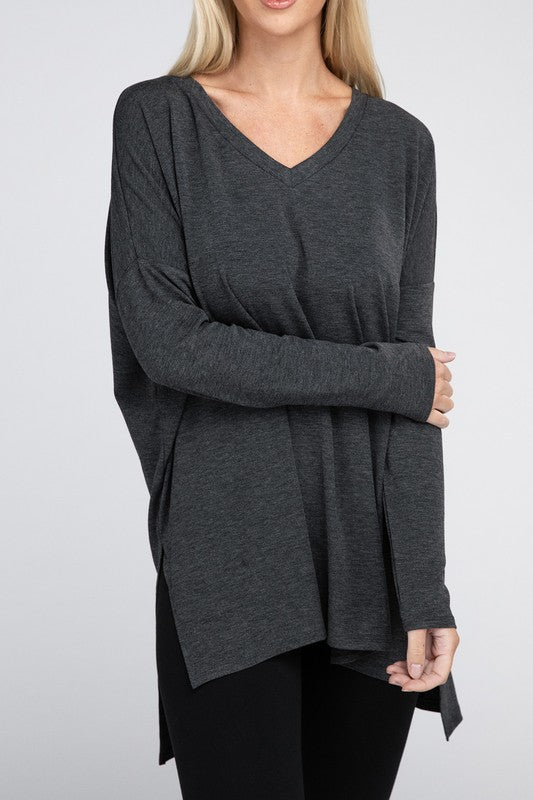 Dolman Long Sleeve V-Neck Side Slit Hi-Low Hem Top - U Moody