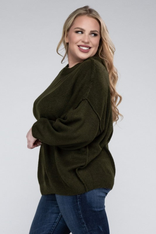 Plus Oversized Round Neck Raw Seam Melange Sweater