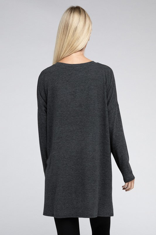 Dolman Long Sleeve V-Neck Side Slit Hi-Low Hem Top - U Moody