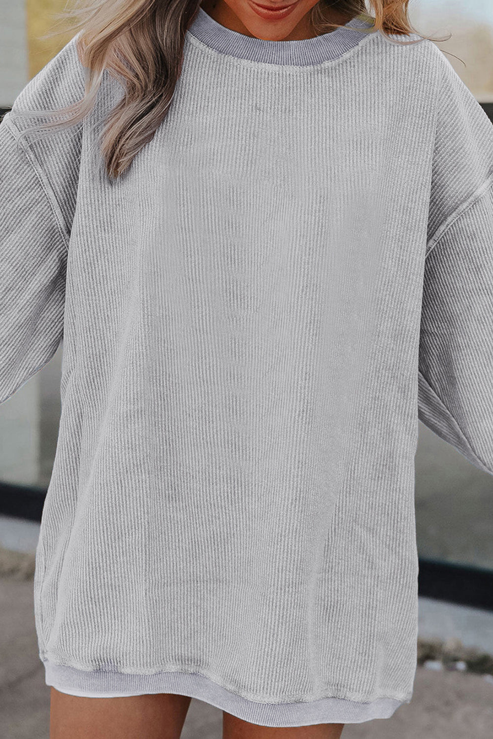 Light Grey Ribbed Corded Oversized Sweatshirt
