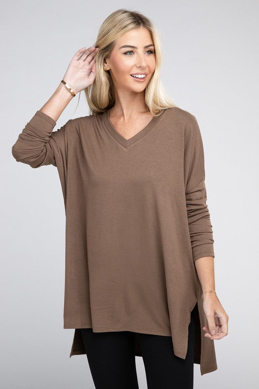 Dolman Long Sleeve V-Neck Side Slit Hi-Low Hem Top - U Moody