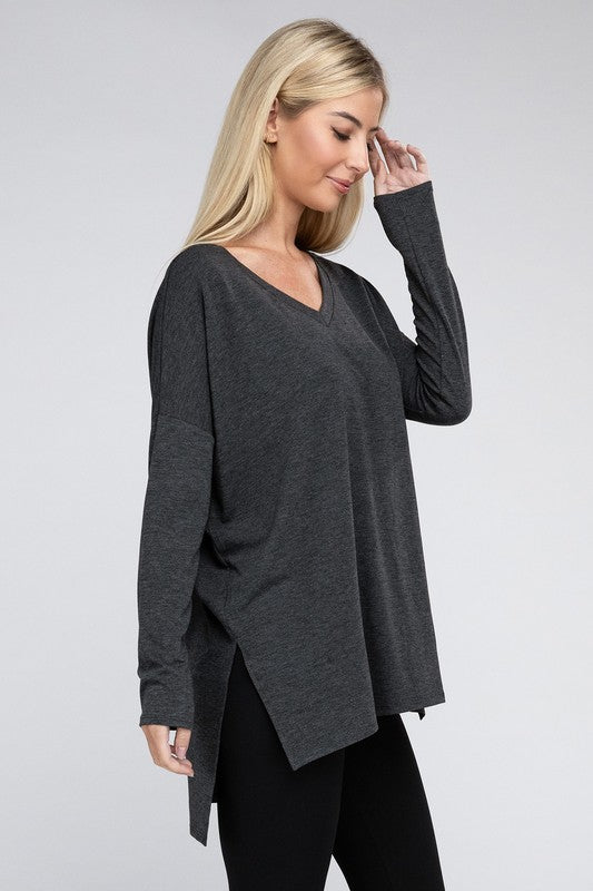 Dolman Long Sleeve V-Neck Side Slit Hi-Low Hem Top - U Moody