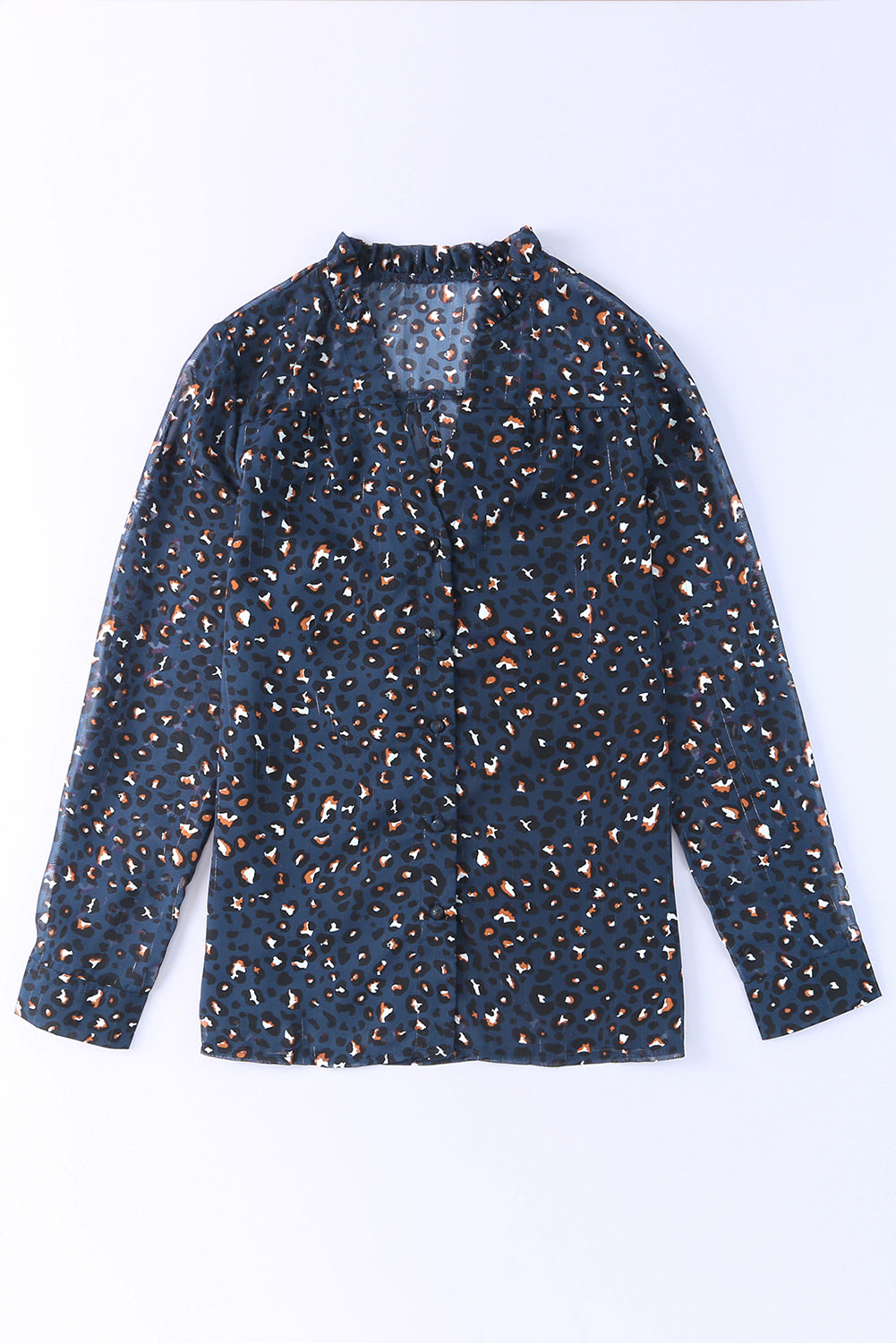 Blue Leopard Sheer Button Front Long Sleeve Shirt