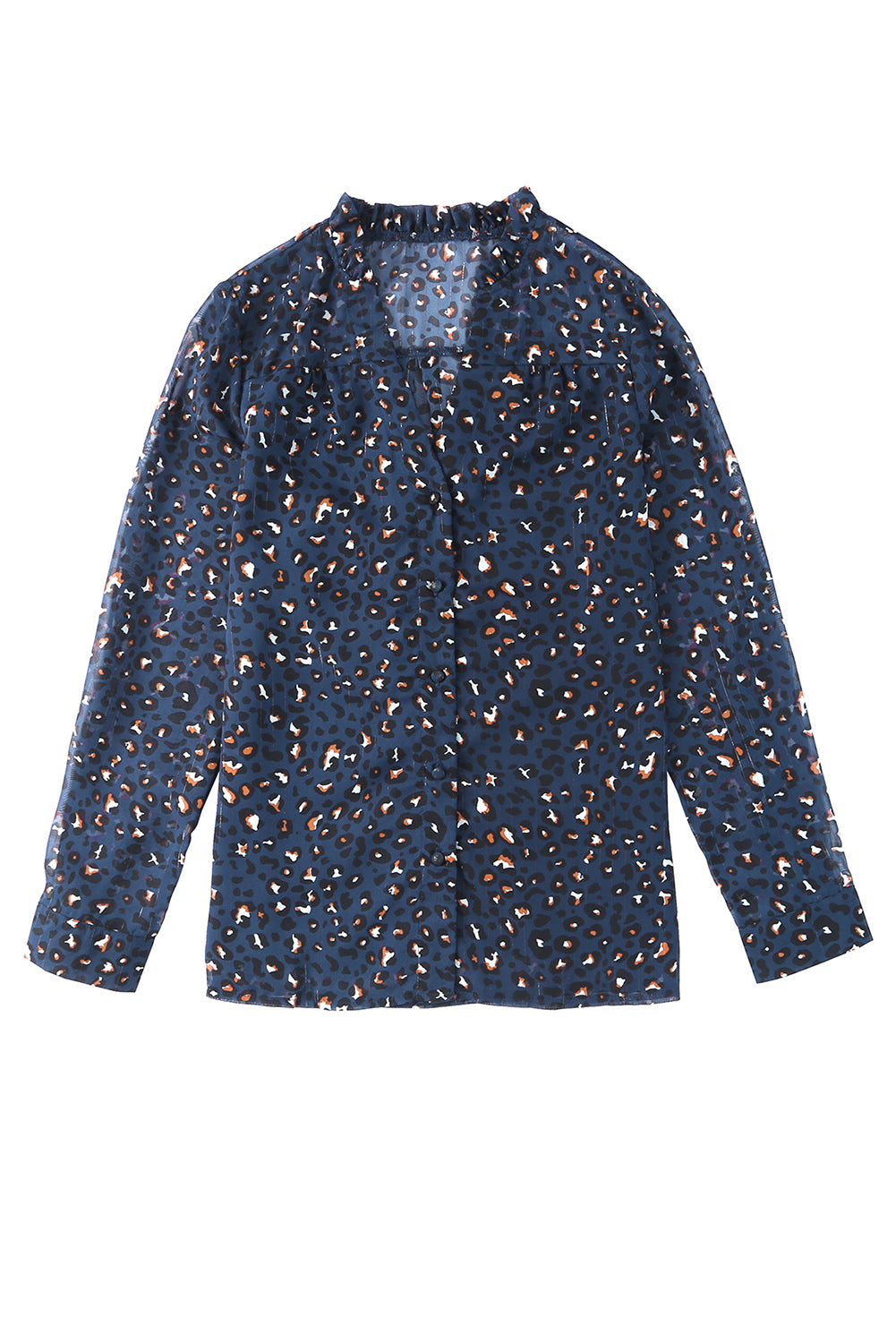 Blue Leopard Sheer Button Front Long Sleeve Shirt