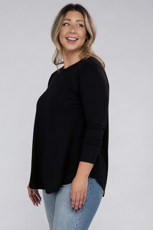 Plus Long Sleeve Round Neck Round Hem Top - U Moody