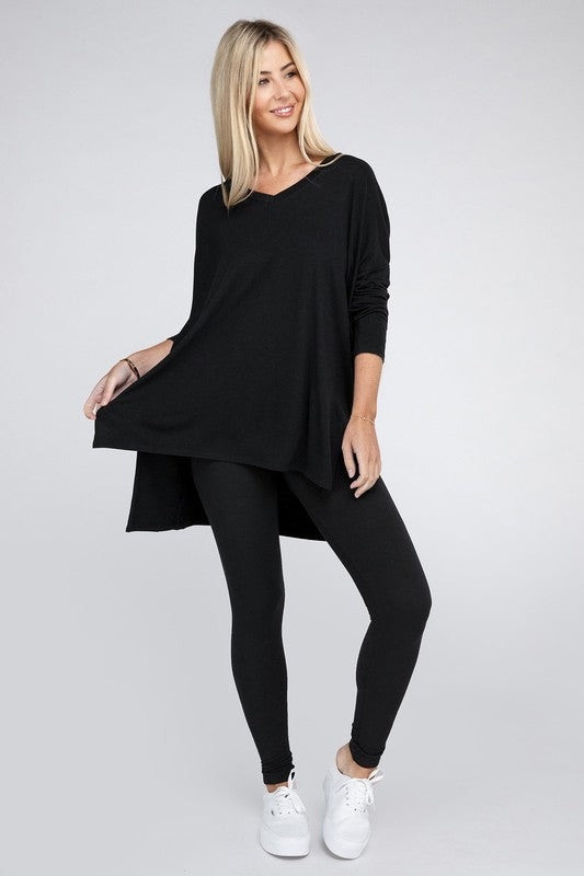 Dolman Long Sleeve V-Neck Side Slit Hi-Low Hem Top - U Moody